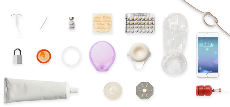 Tabletop view of birth control methods.